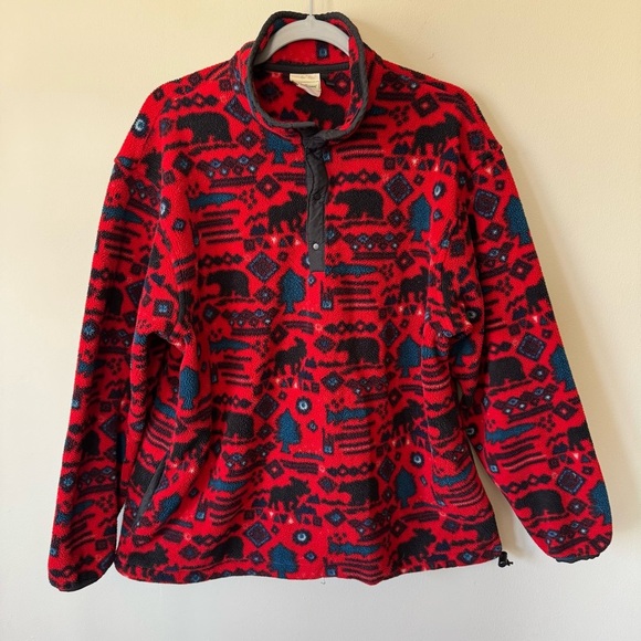 Vtg 90s LL Bean Size L Red Pullover Fleece All Over Nature Hunting Print - Picture 1 of 5